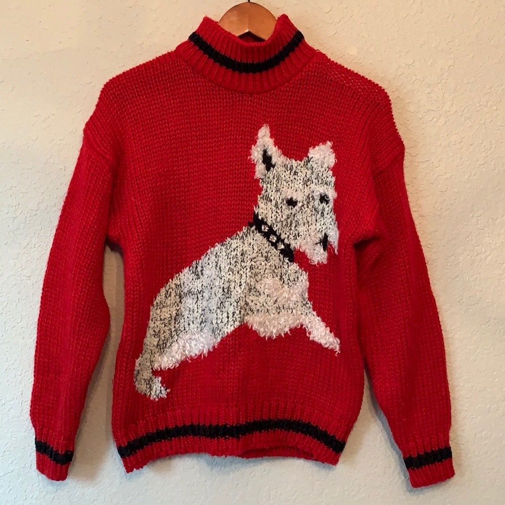 Vintage Holiday knit sweater with schnauzer dog on it